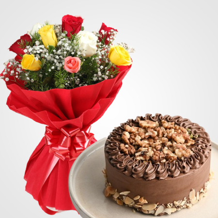 half kg dry cake chocolate with 8 roses bouquet | flower and cake delivery